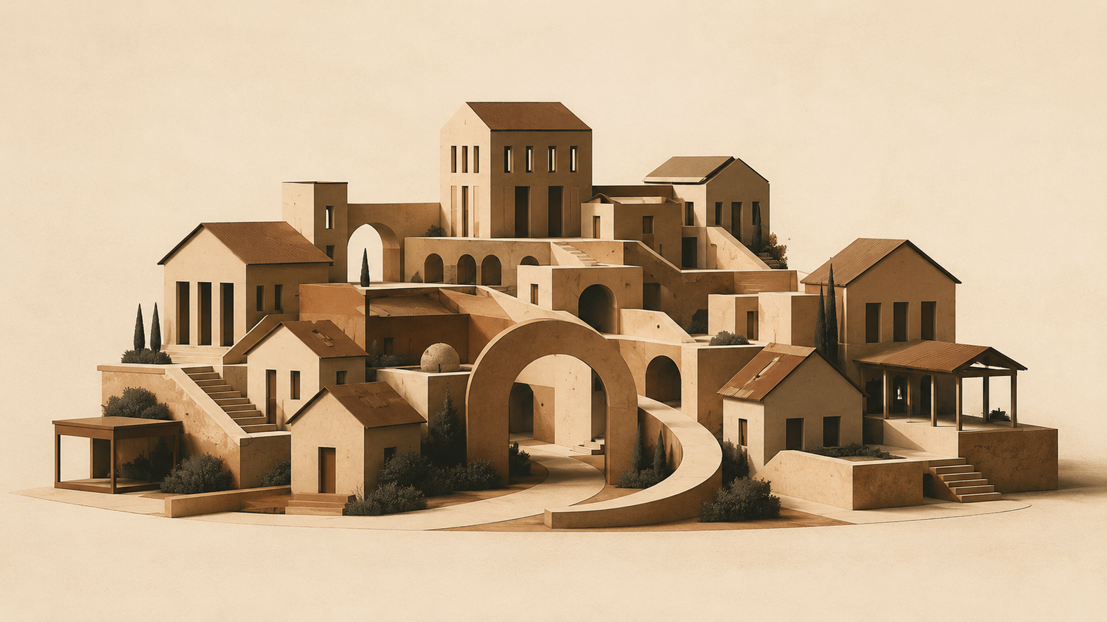 Policy is parenting at scale shown through connected homes, civic buildings, pathways, and protective arches representing family resilience and community care.