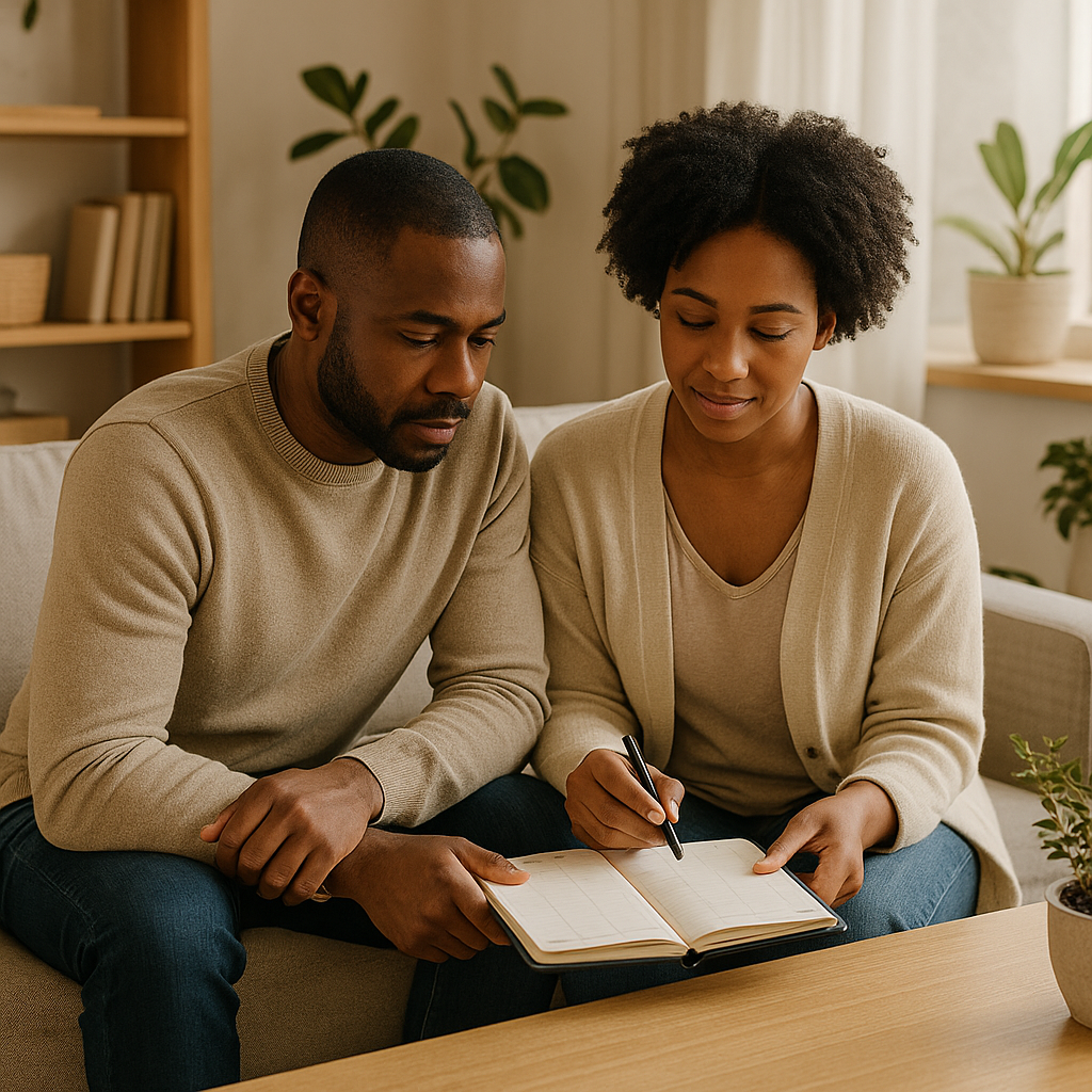 A Black couple sitting together on a couch reviewing a planner in natural light, showing calm teamwork, communication, and mutual respect.