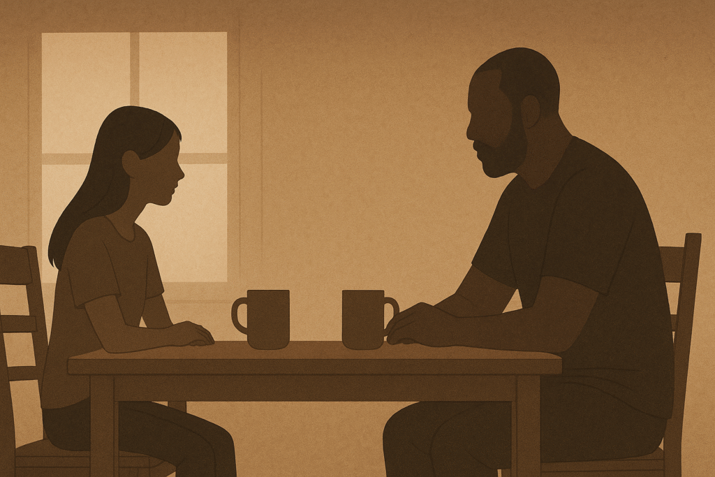Father and daughter seated at a kitchen table at dusk, symbolizing honesty, protection, and generational trust.