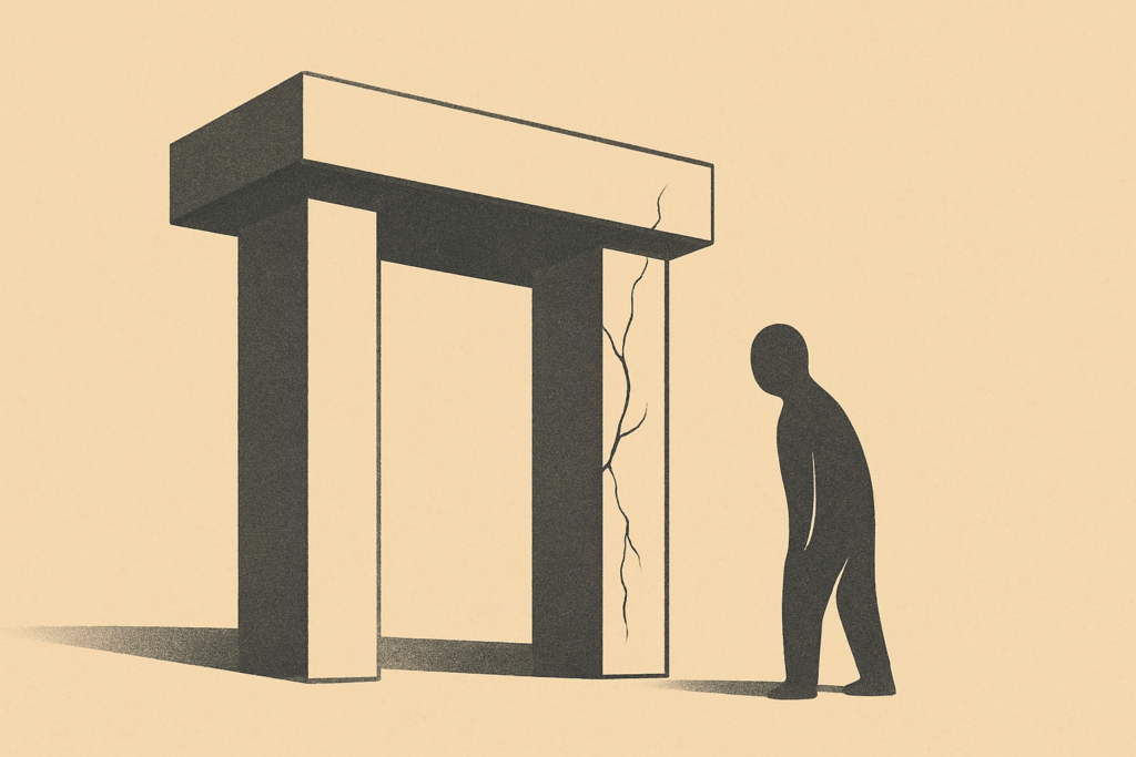 Structural frame with small cracks observed by a silhouette, symbolizing early warning signs of accountability breakdown.