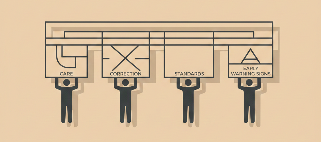 Illustration symbolizing the four elements of the Accountability Framework with silhouettes reinforcing a shared structure.