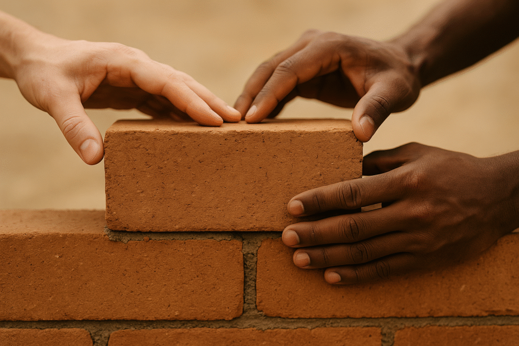 Hands placing a brick carefully into a wall, representing accountability and support.
