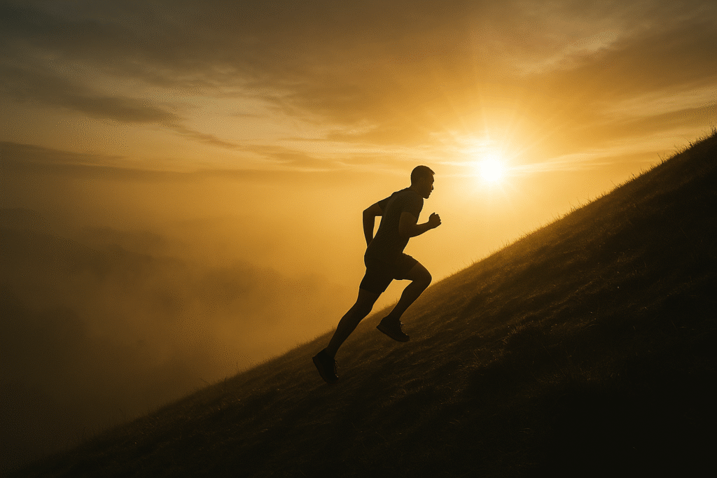 Runner training uphill at sunrise symbolizing discipline and how adversity is preparation.
