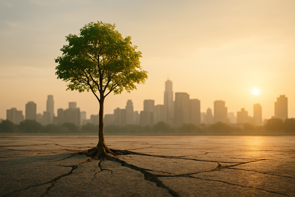 Tree growing from cracked concrete with sunrise light, symbolizing resilience and growth through adversity.