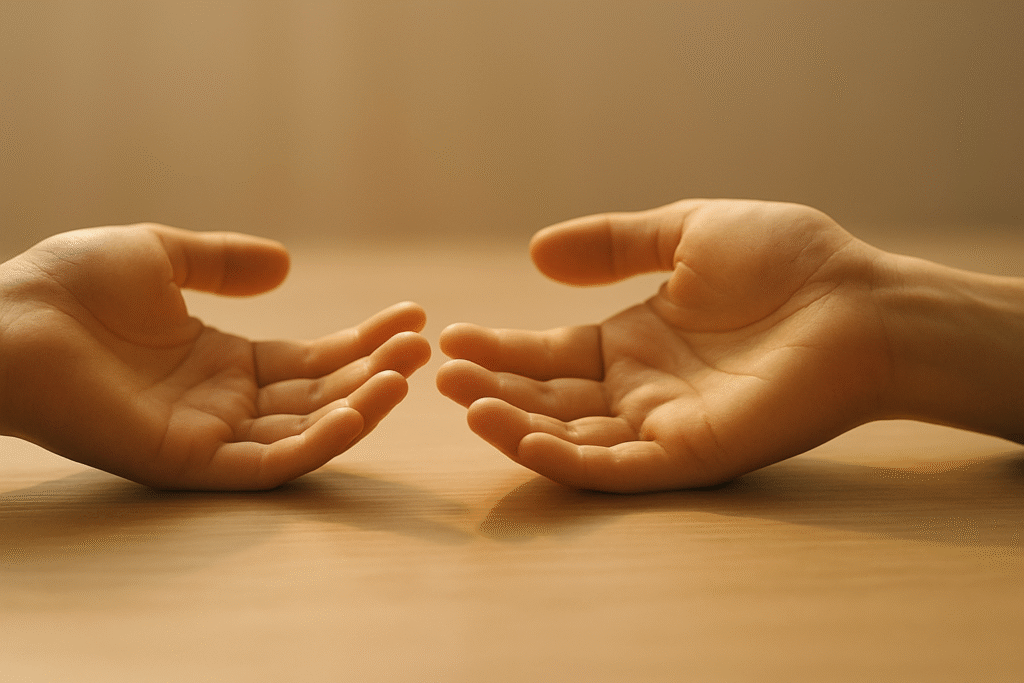 Two hands resting closely but not touching, illuminated by soft golden light, symbolizing balance and unity.