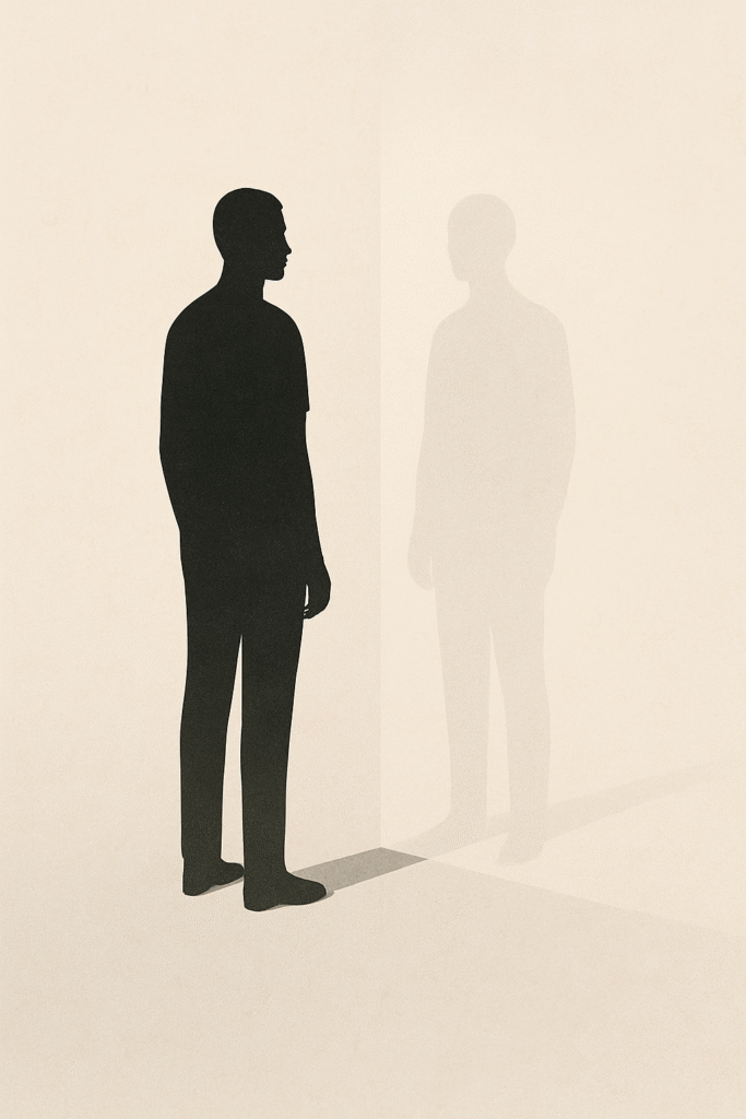 Silhouette facing its reflection, representing alignment between who you are and who you act like.