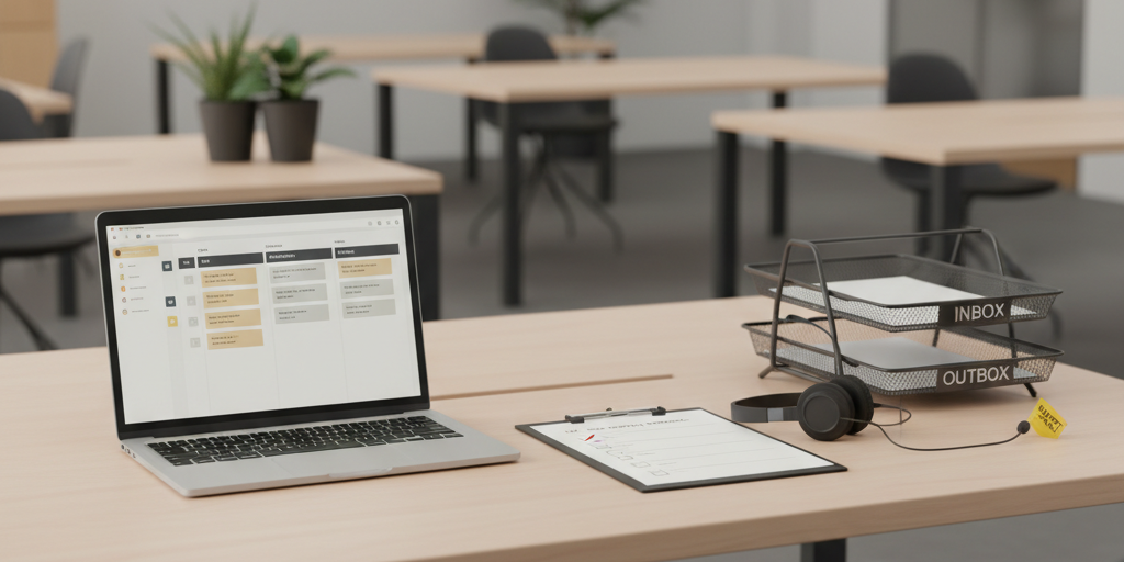 Blue-collar skills in office jobs illustrated with kanban board, checklist, and headset for logistics and safety