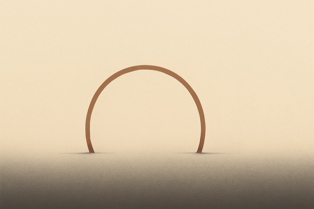 Minimalist illustration of an open clay-brown arc on warm sand symbolizing that boundaries are maintenance and protect capacity.