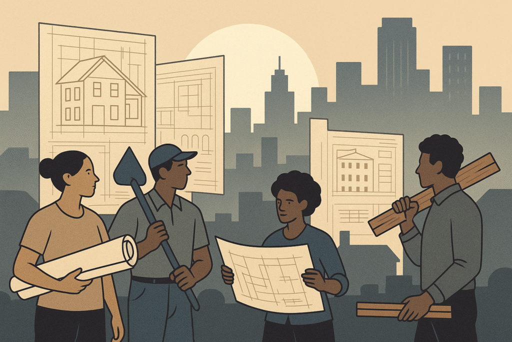 People reviewing blueprints at sunrise representing community economic empowerment.