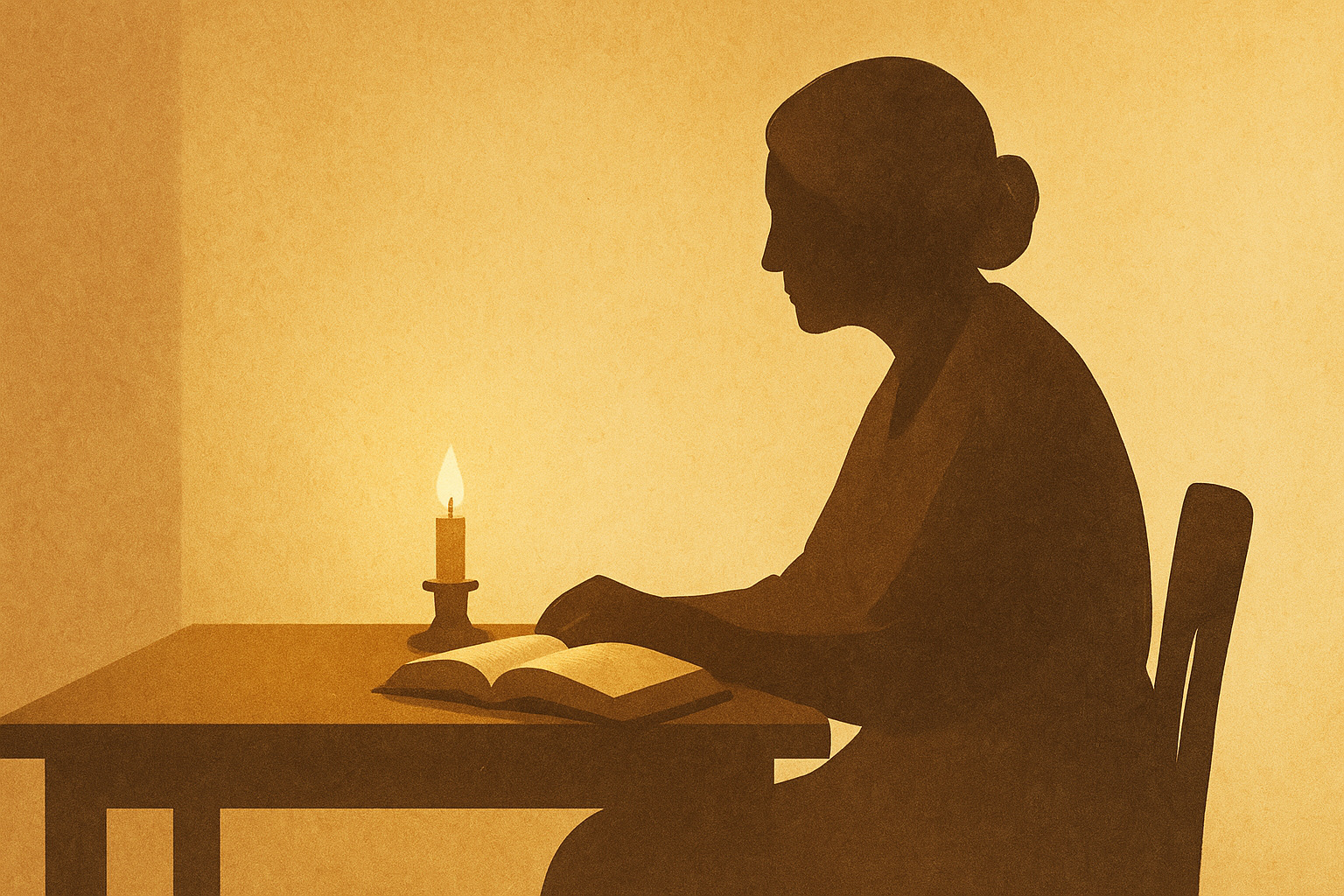 Older woman by candle and open book, evoking faith, memory, and time.