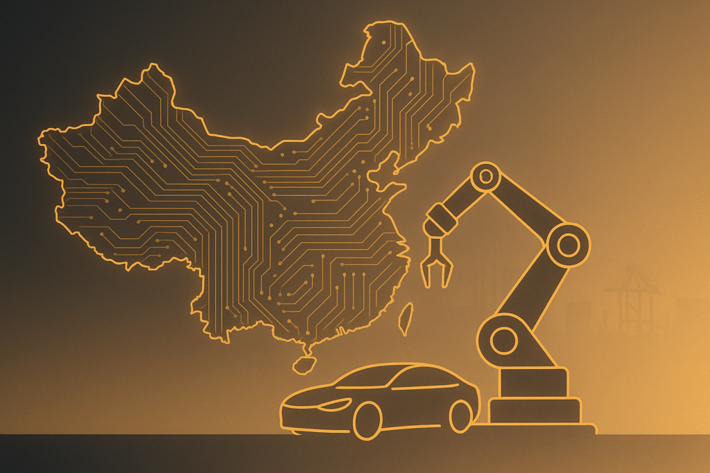 Artwork showing a robotic arm and electric vehicle silhouette emerging from a map of China in warm sand and charcoal tones. No text, no faces. Symbolizes scale and speed.