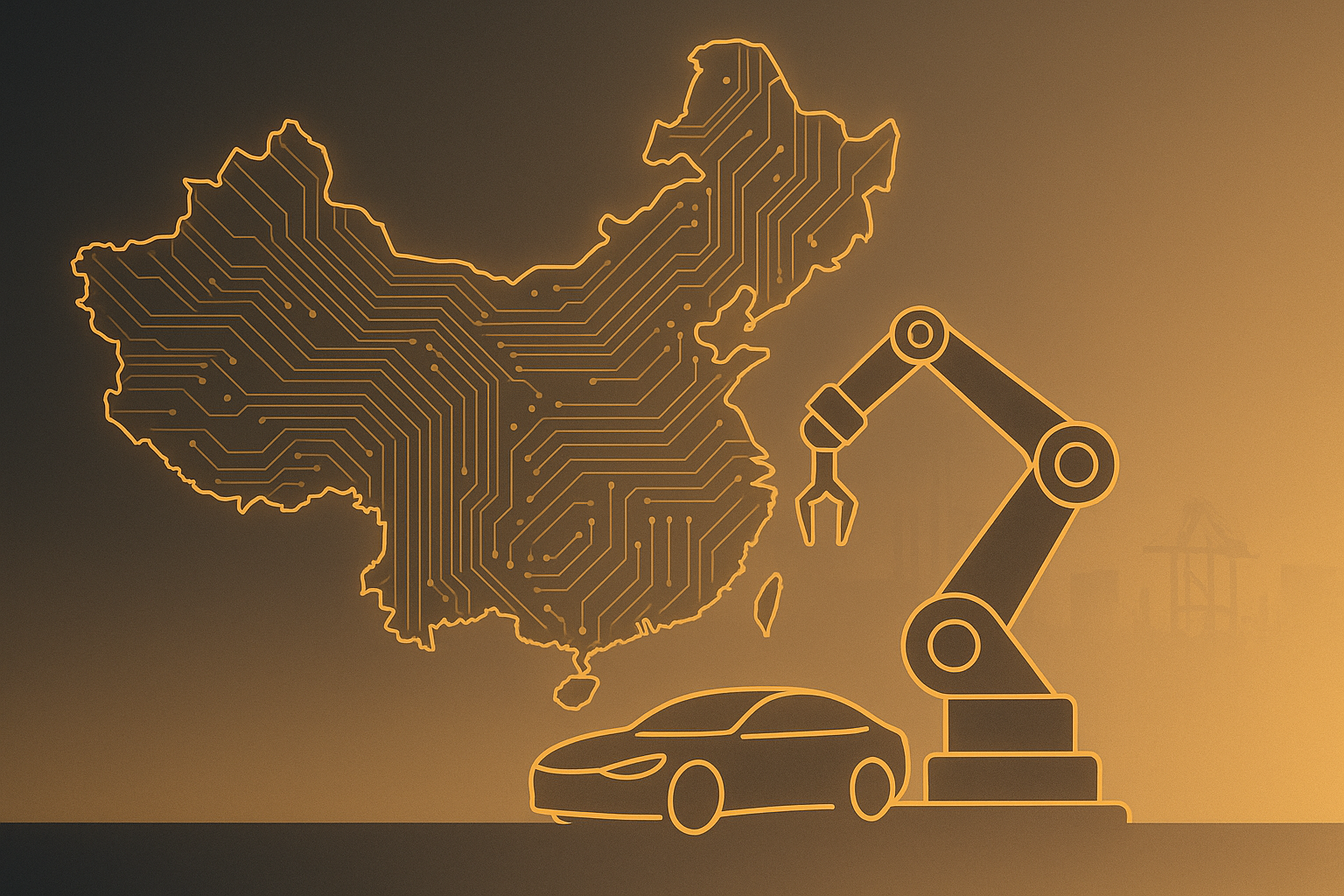 China’s technological acceleration illustrated with a circuit map and robotic arm