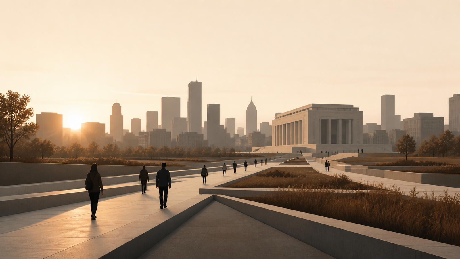 Civic engagement discipline after Election Day shown as people walking toward civic institutions at sunrise