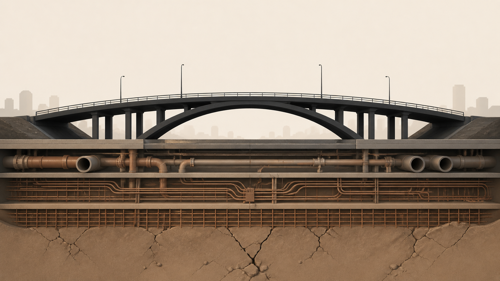 Layered civic infrastructure system showing bridge, pipes, and networks with hidden structural strain beneath the surface.