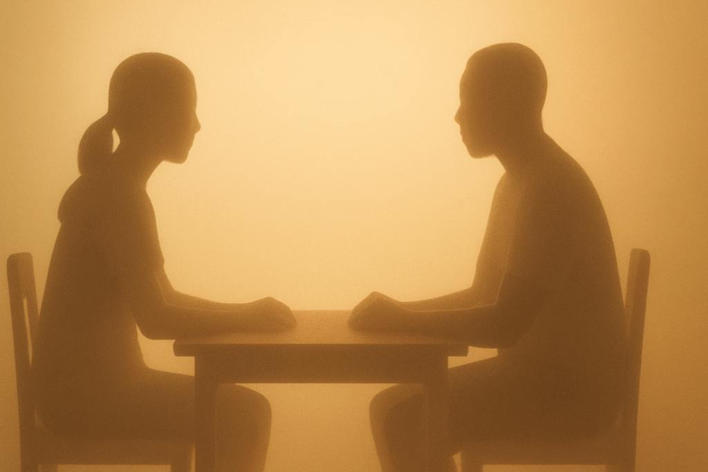 Communication in Practice – two silhouettes seated across from each other at a wooden table in golden light, symbolizing calm and understanding.