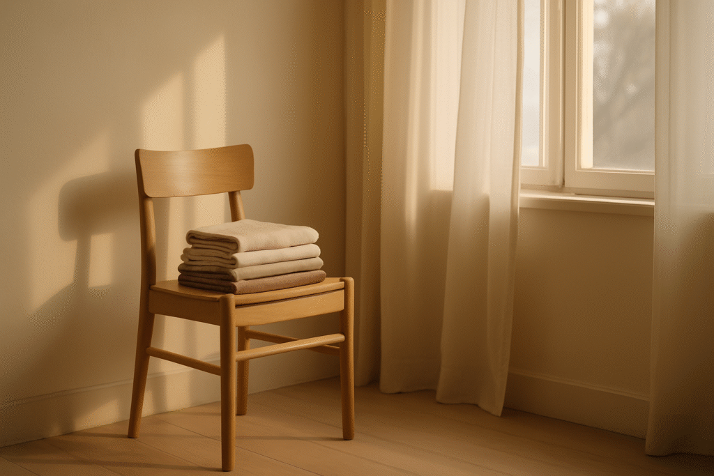 Folded laundry in soft morning light, representing stability and everyday discipline.