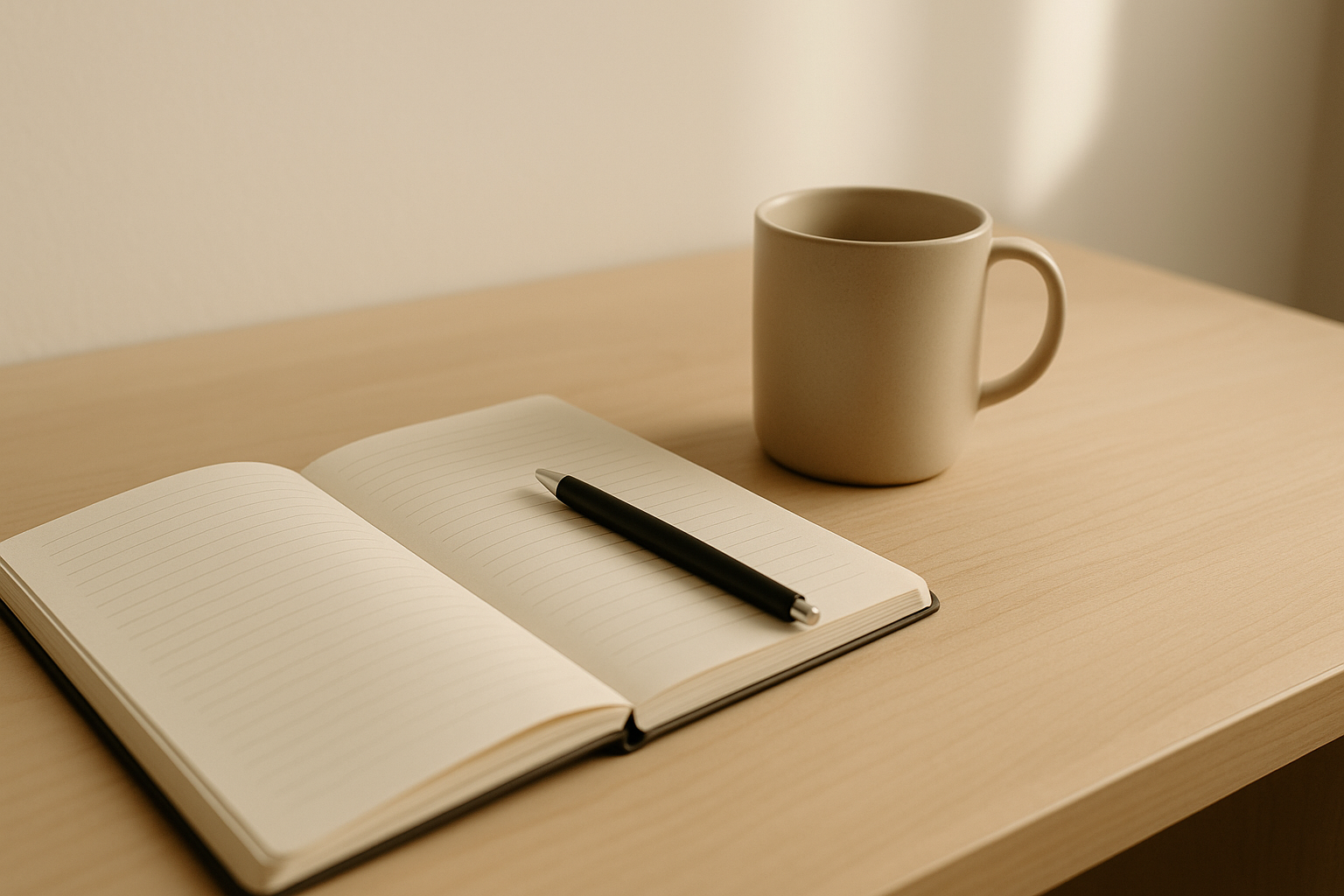 Minimalist desk with notebook and mug symbolizing daily learning
