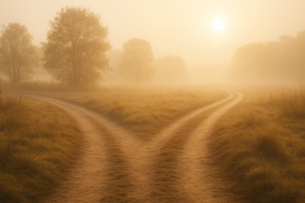 Two paths converging in soft morning light, symbolizing intention and steady direction in dating.