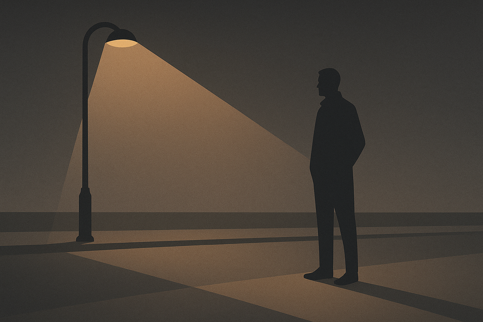 A silhouetted man standing beneath a streetlight at dusk, symbolizing restraint and quiet authority.