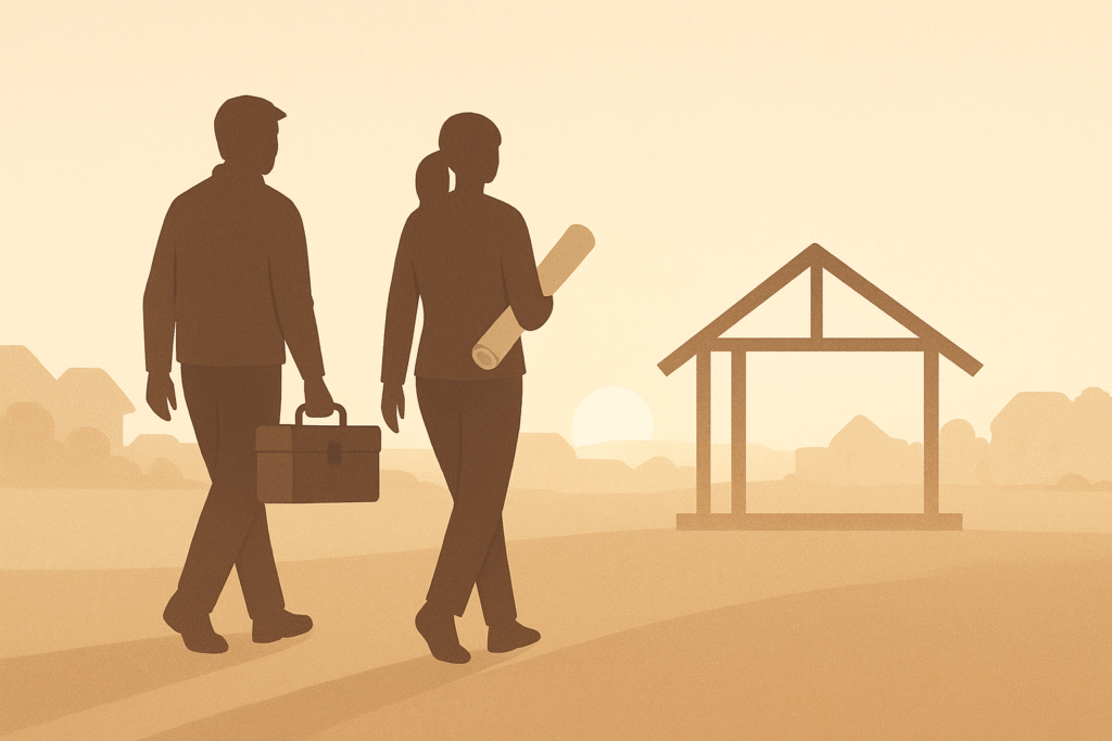 Two people carrying a toolbox and blueprint toward a small house frame at sunrise, symbolizing relationship maintenance and shared work.