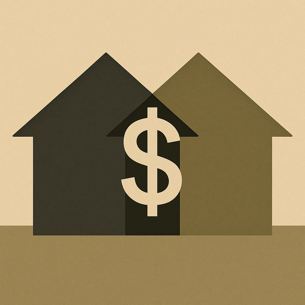 Two homes merging into a dollar sign, representing economic and family stability.