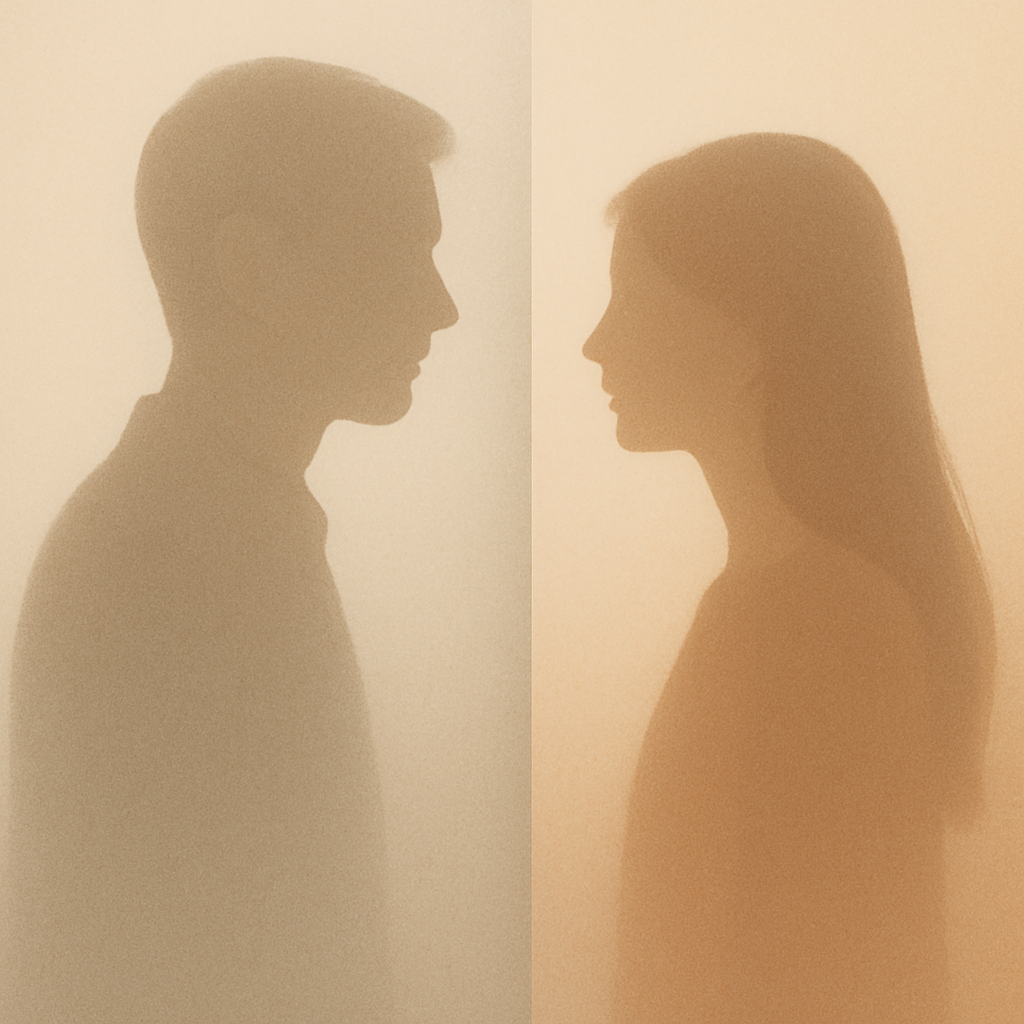 Abstract couple silhouettes separated by glass, symbolizing relationship shame and digital distance.