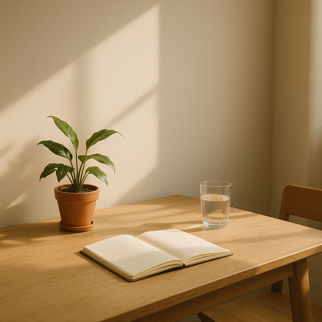 Morning sunlight on a tidy desk with a plant and glass of water symbolizing energy balance.