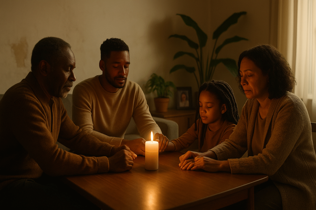 Multigenerational family gathered in candlelight, symbolizing restoring the family through unity and accountability.