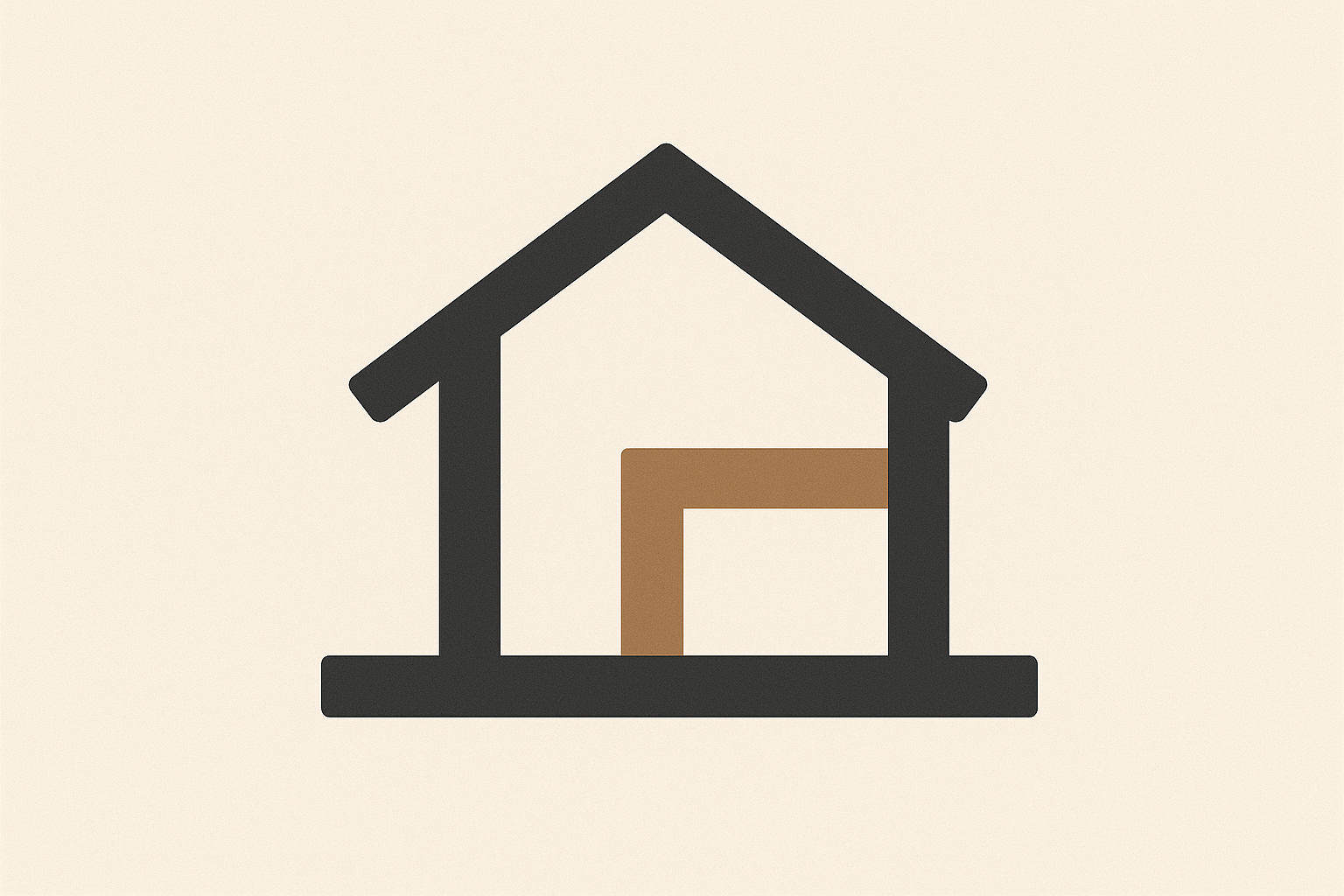 Minimalist geometric banner showing an abstract house structure made from charcoal and clay-brown beams on a warm sand background, symbolizing stable and predictable family systems.