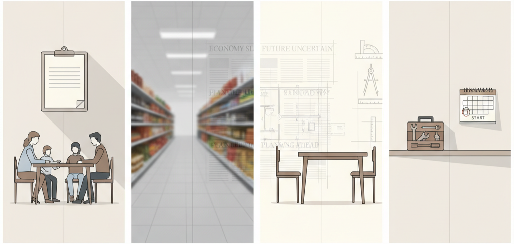 Panoramic minimalist banner showing four panels symbolizing policy, media framing, design, and preparedness for family stability.