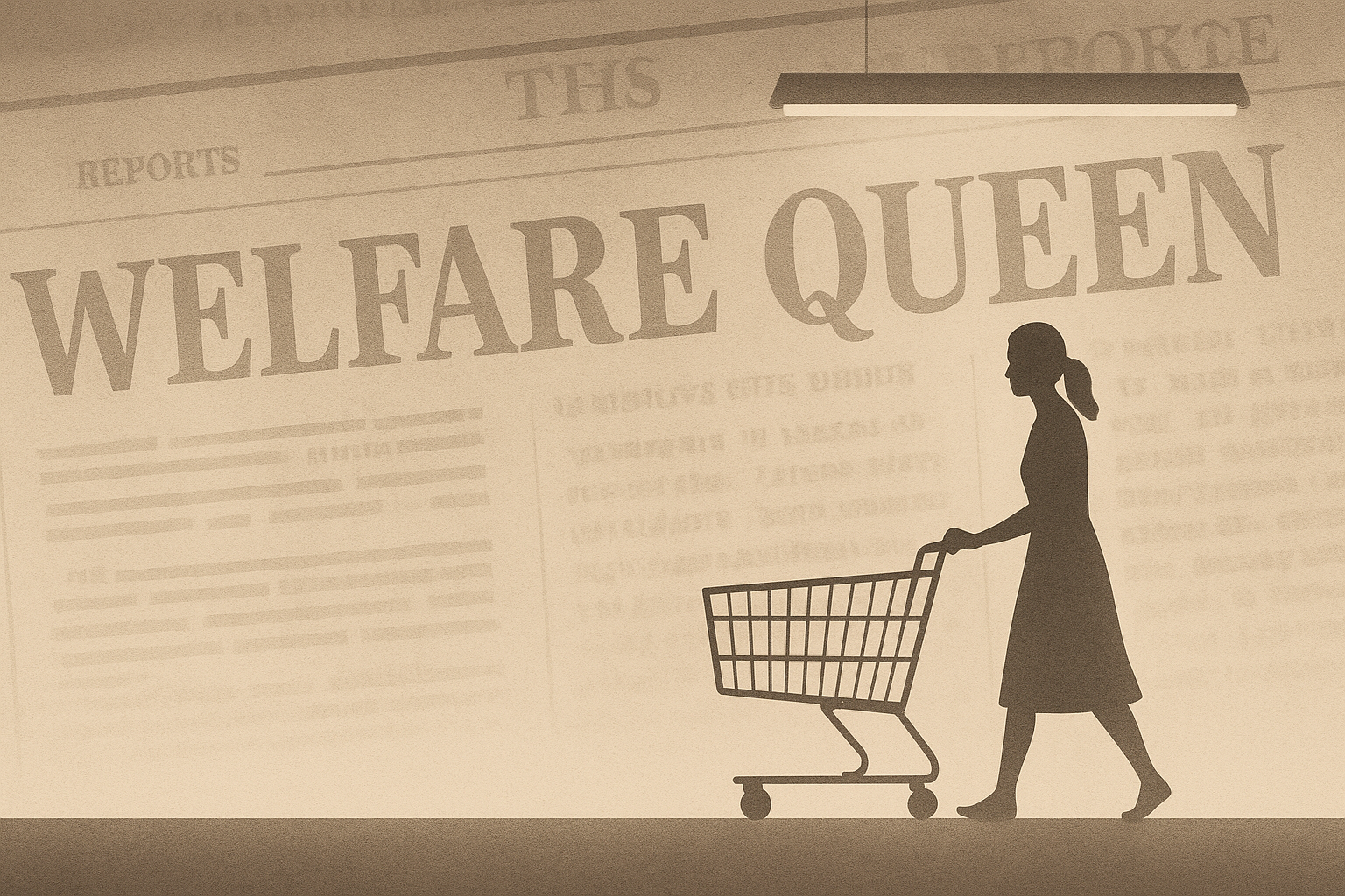 Minimalist sepia-toned illustration of a woman silhouette pushing a shopping cart beneath headlines reading Welfare Queen, symbolizing stereotype versus reality.