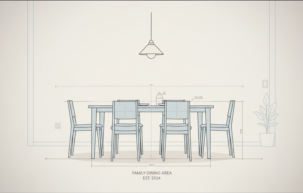 Panoramic minimalist illustration of a blueprint overlaying a dining table scene, symbolizing family stability by design.