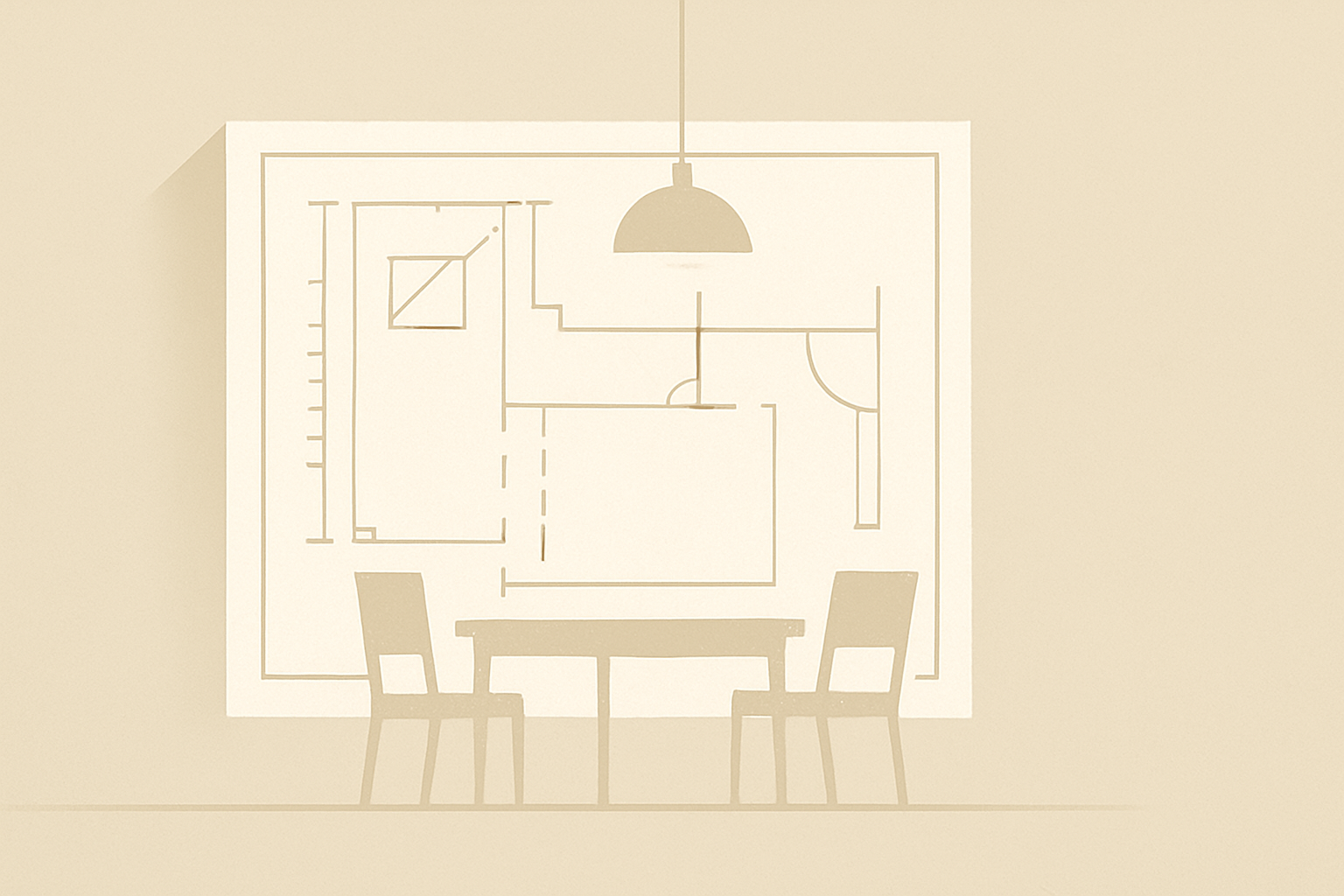 Minimalist illustration of a house blueprint layered over a dining table scene, symbolizing family stability by design.