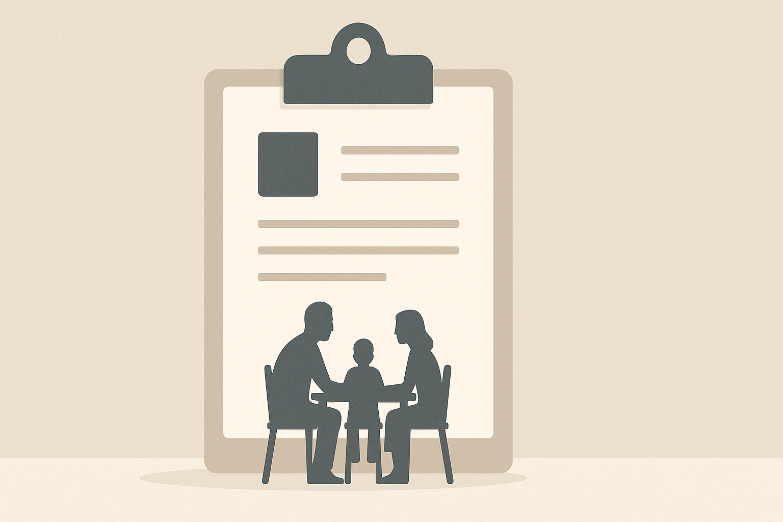 Panoramic minimalist illustration of a family seated beneath a large clipboard symbolizing welfare policy, supervision, and partnership.