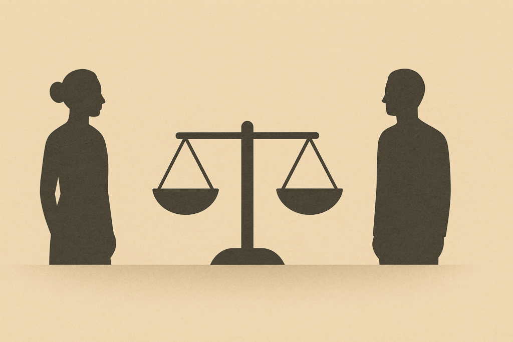 Two silhouetted figures standing on opposite sides of a balanced scale, symbolizing civic responsibility and accountability.