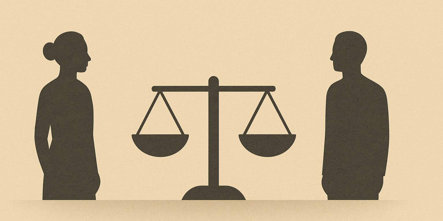 Two silhouetted figures standing on opposite sides of a balanced scale, symbolizing civic responsibility and accountability.