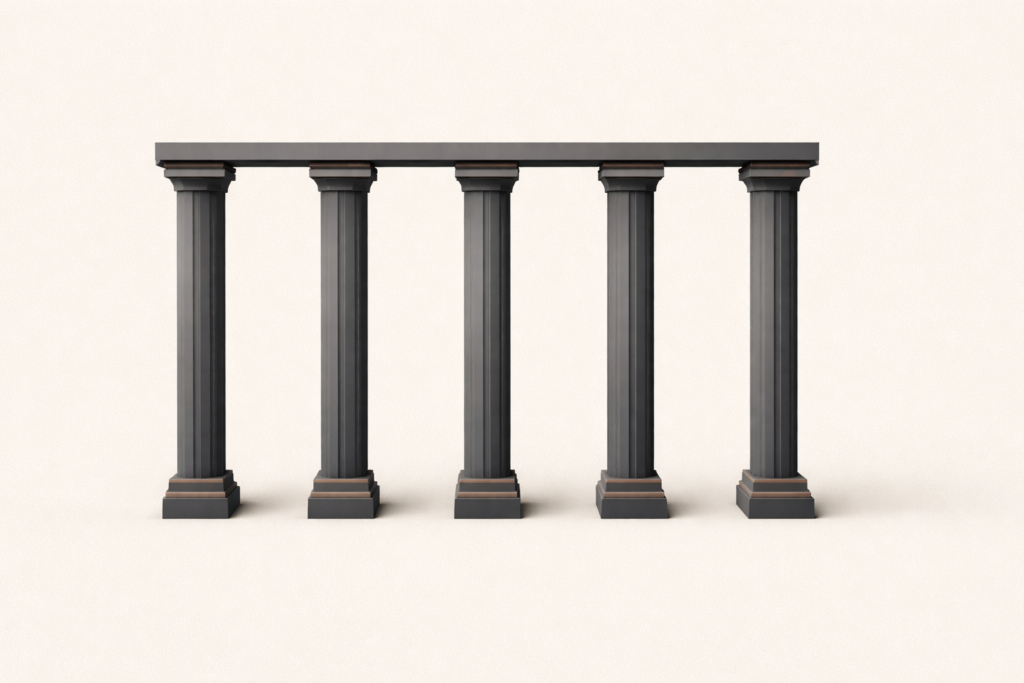 Minimalist architectural illustration of five evenly spaced vertical pillars in soft charcoal, aligned on a warm sand background with subtle clay brown reinforcement lines at base and cross-beam connections.