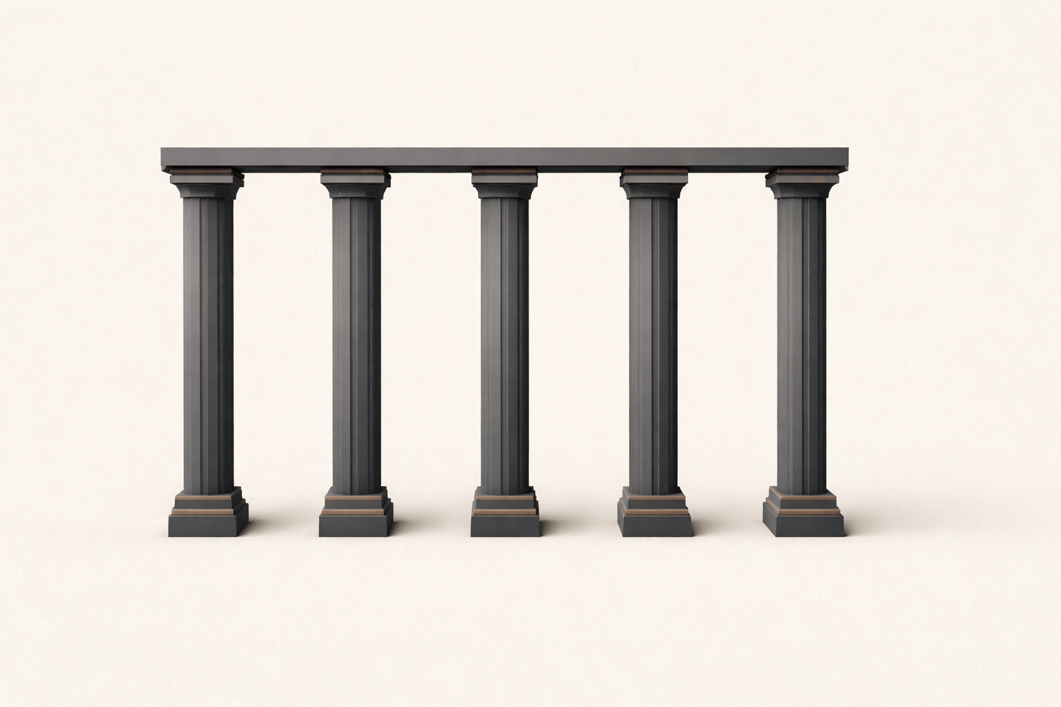Five structural pillars aligned evenly on a warm sand background representing a disciplined life framework.
