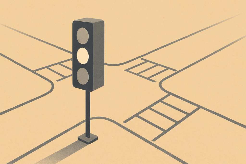 Minimalist illustration of a traffic signal system that symbolizes Garrett Morgan’s contribution to safer intersections.
