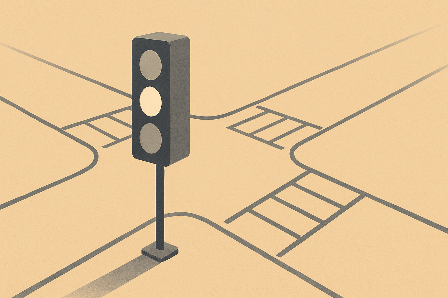 Minimalist illustration of a single traffic signal at a quiet intersection, inspired by Garrett Morgan and his safety innovation