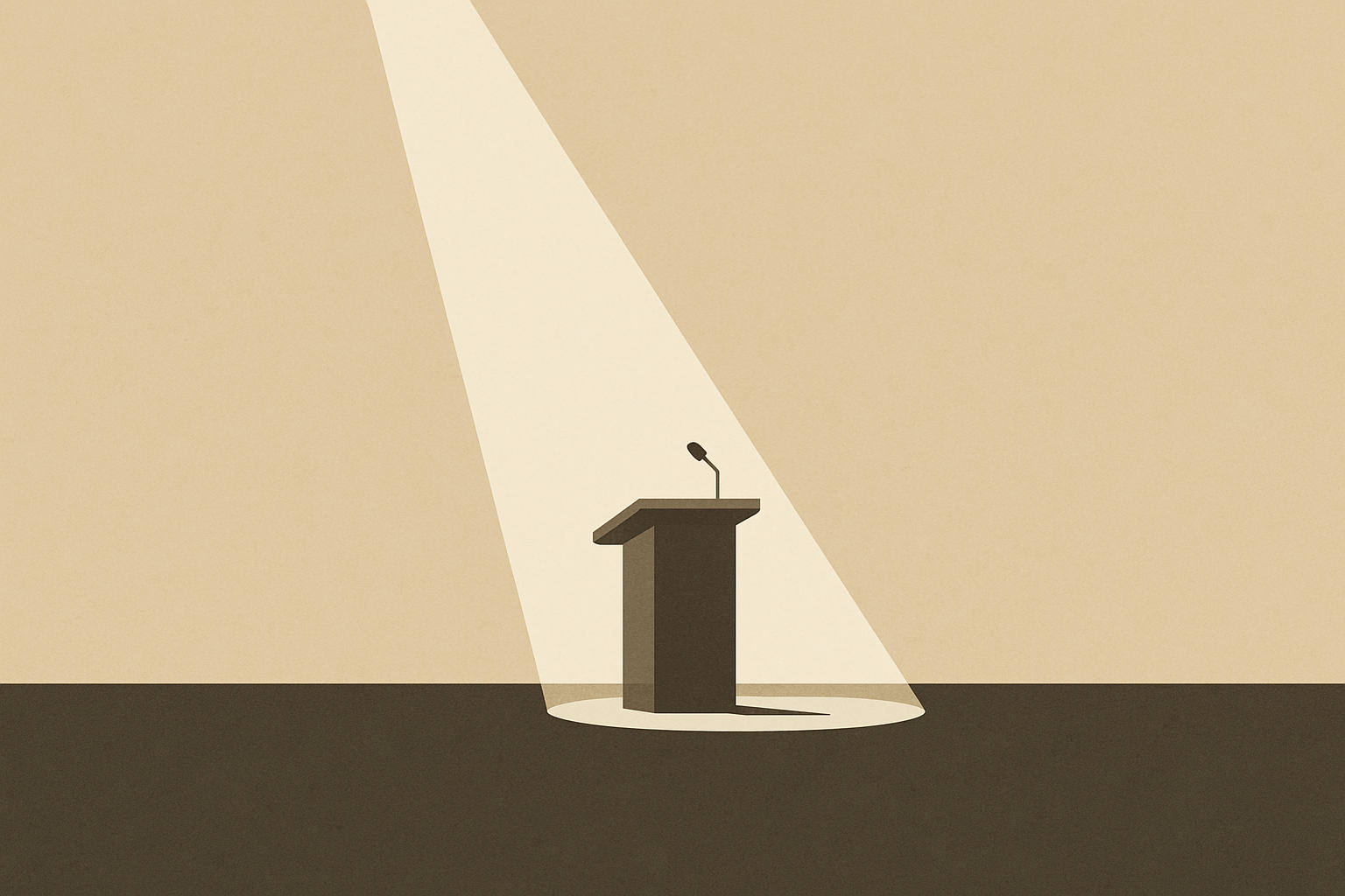 Minimalist podium under a spotlight on an empty stage symbolizing how public gender debates become performance