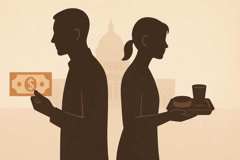 Two figures divided by money and care, symbolizing gender and financial dependency.