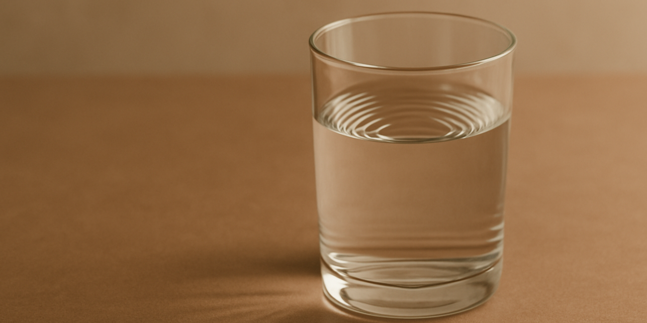 Minimalist photograph of a clear glass of water with subtle ripples on a warm clay-toned surface, symbolizing emotional disturbance and clarity.