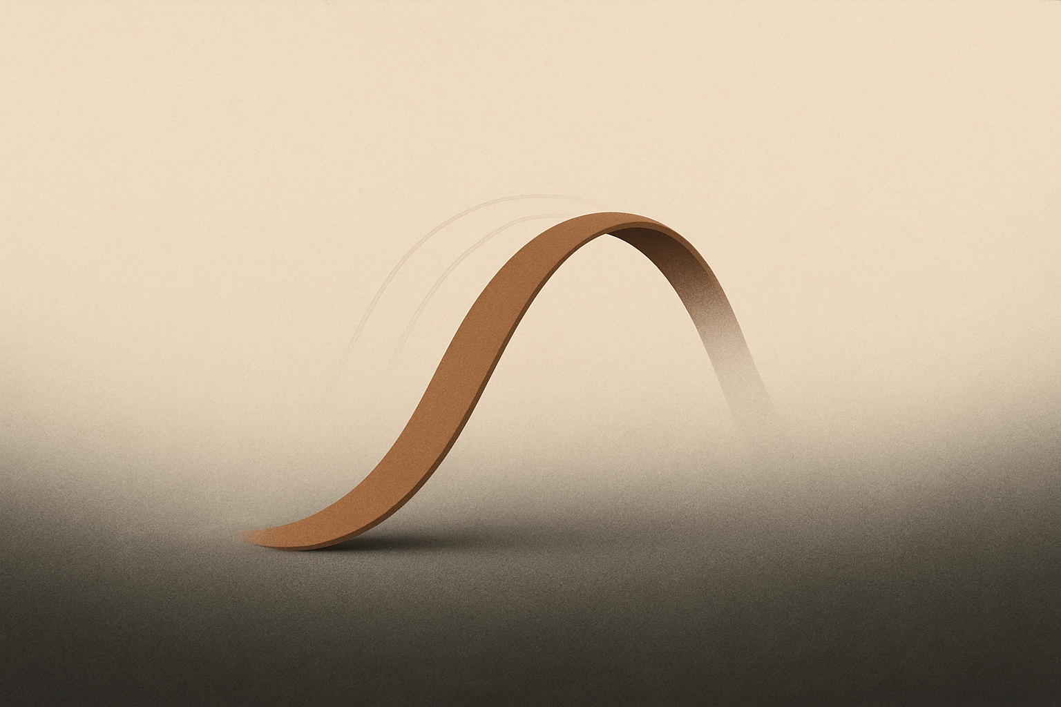 Minimalist illustration representing grace under change with a flexible clay-brown arc bending gently on warm sand.