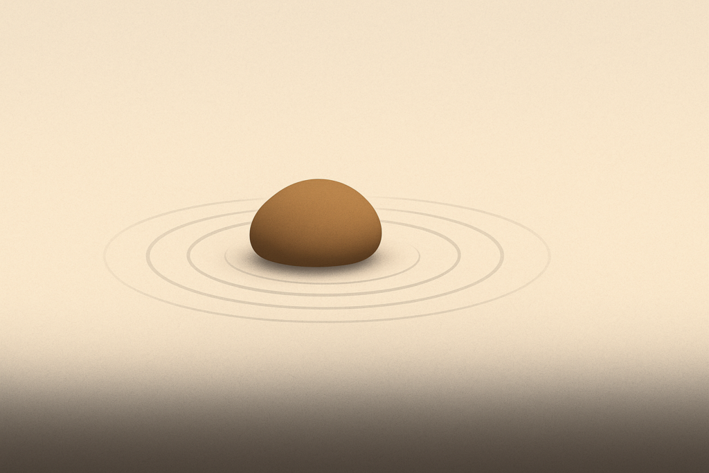 Minimalist illustration of a clay-brown pebble creating a ripple on warm sand, symbolizing gratitude expressed through action.