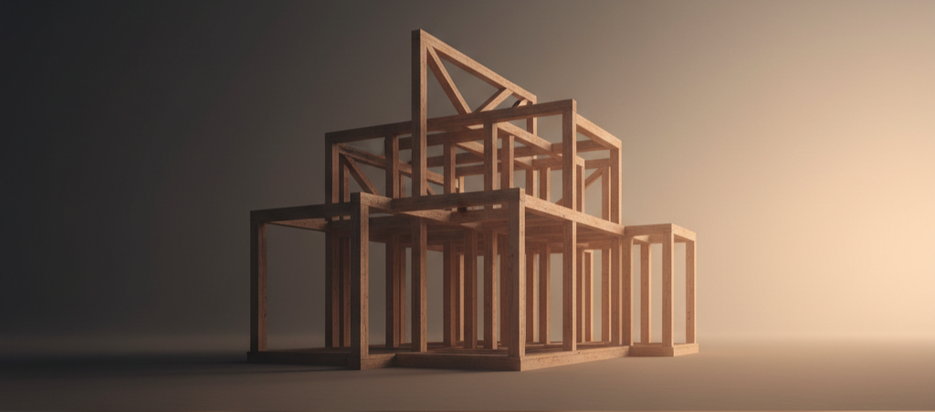 Minimalist banner showing unfinished wooden framework under morning light, symbolizing structure in progress.
