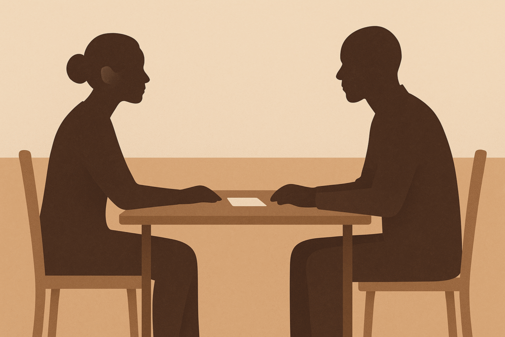 Two silhouetted figures sitting across a table with a paper between them, symbolizing honest communication.