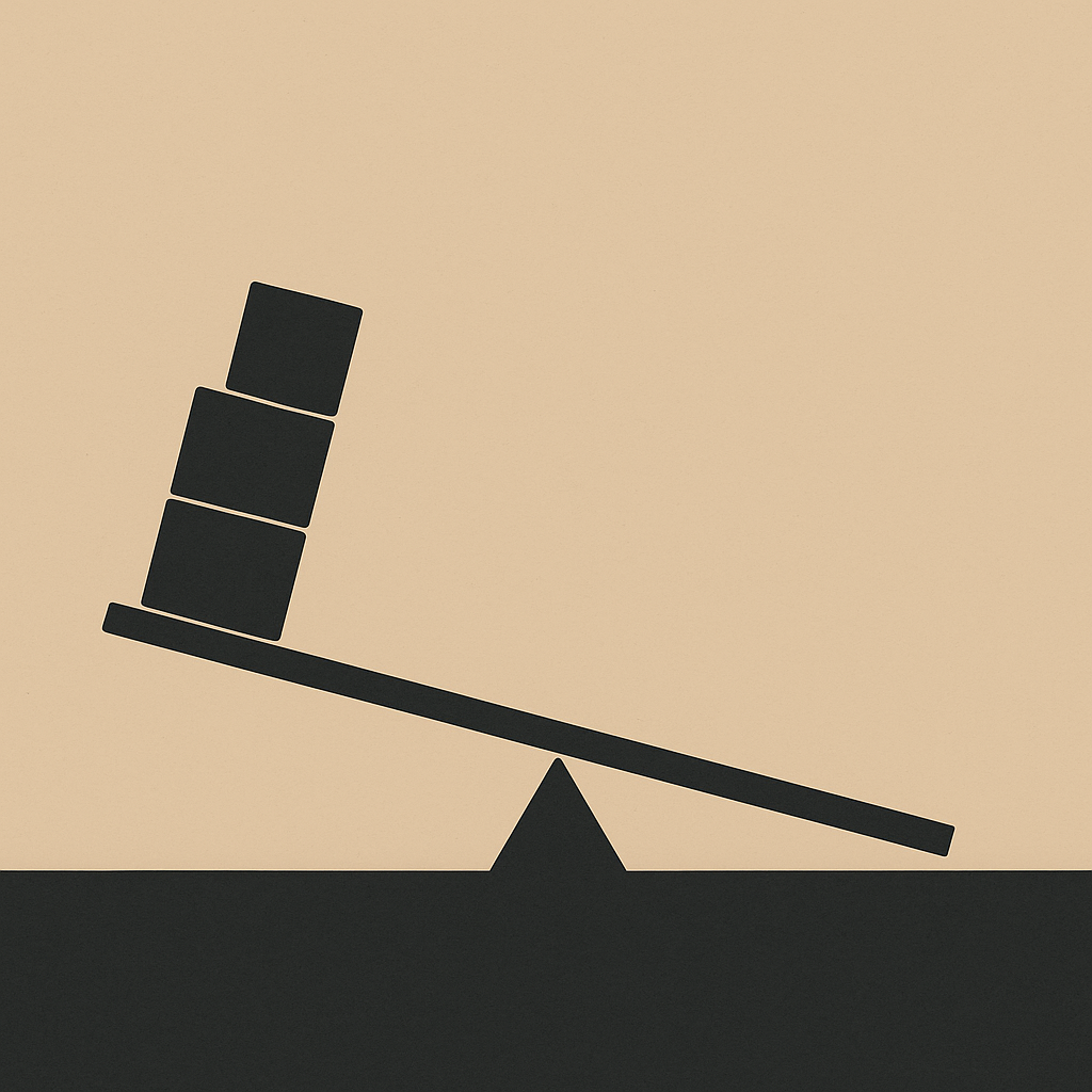 An illustration representing household risk math with three dark blocks stacked on one side of a tilted beam over a solid base.