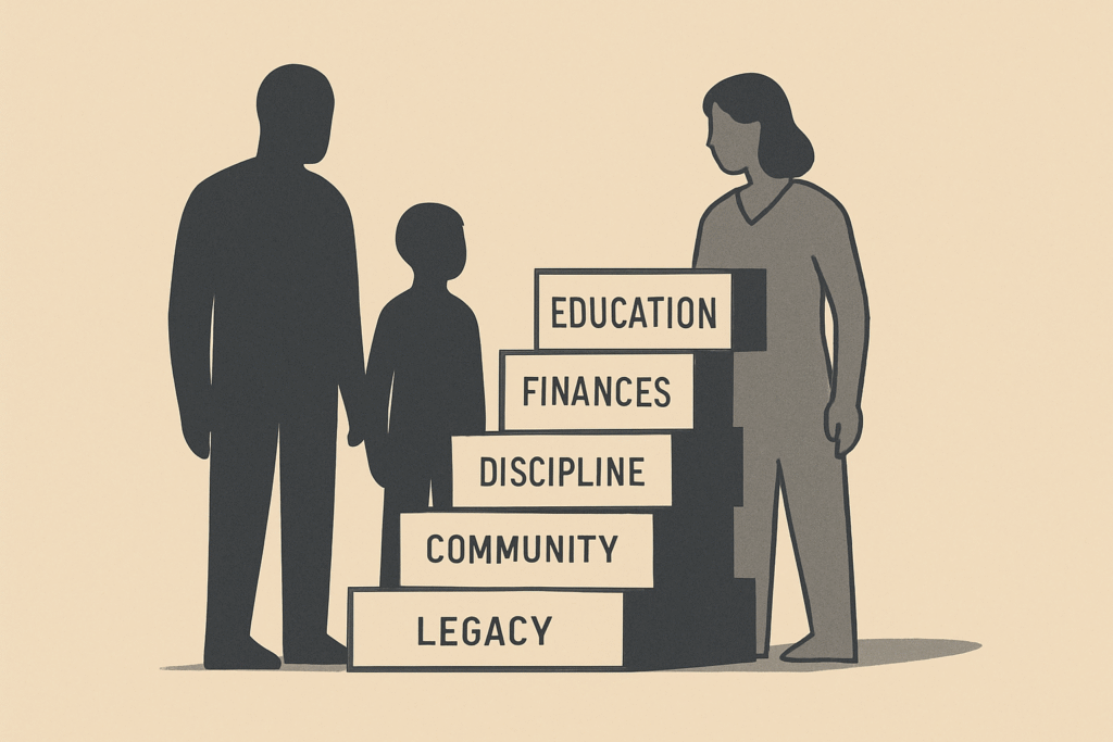 Minimalist illustration of a family standing around a simple foundation of stacked blocks that symbolize education, finances, discipline, community, and legacy.