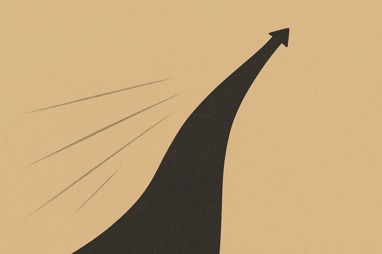 Minimalist warm-sand and charcoal illustration of a steady path moving upward as sharp lines race past, symbolizing stable capability in accelerating change.